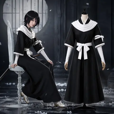 Anime Bleach Rukia Kuchiki Cosplay Costume TYBW Shinigami Black Dress Robe Uniform Women Halloween Carnival Party Outfit