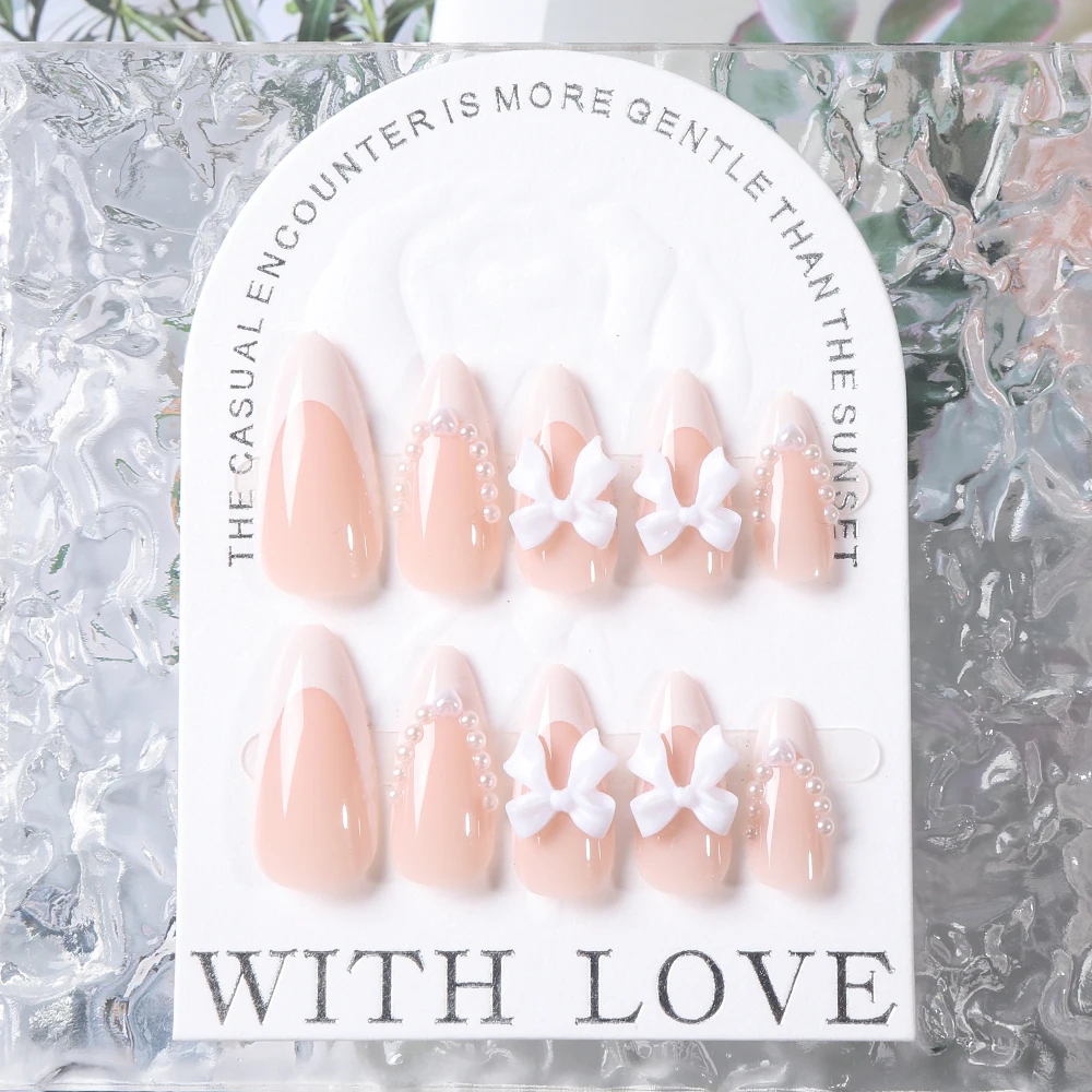 24pcs(+Tools) Pearl Bow Nude Pink Press On Nails White French Fingertips Almond Full Cover Fasle Nails New Year Nail Accessories