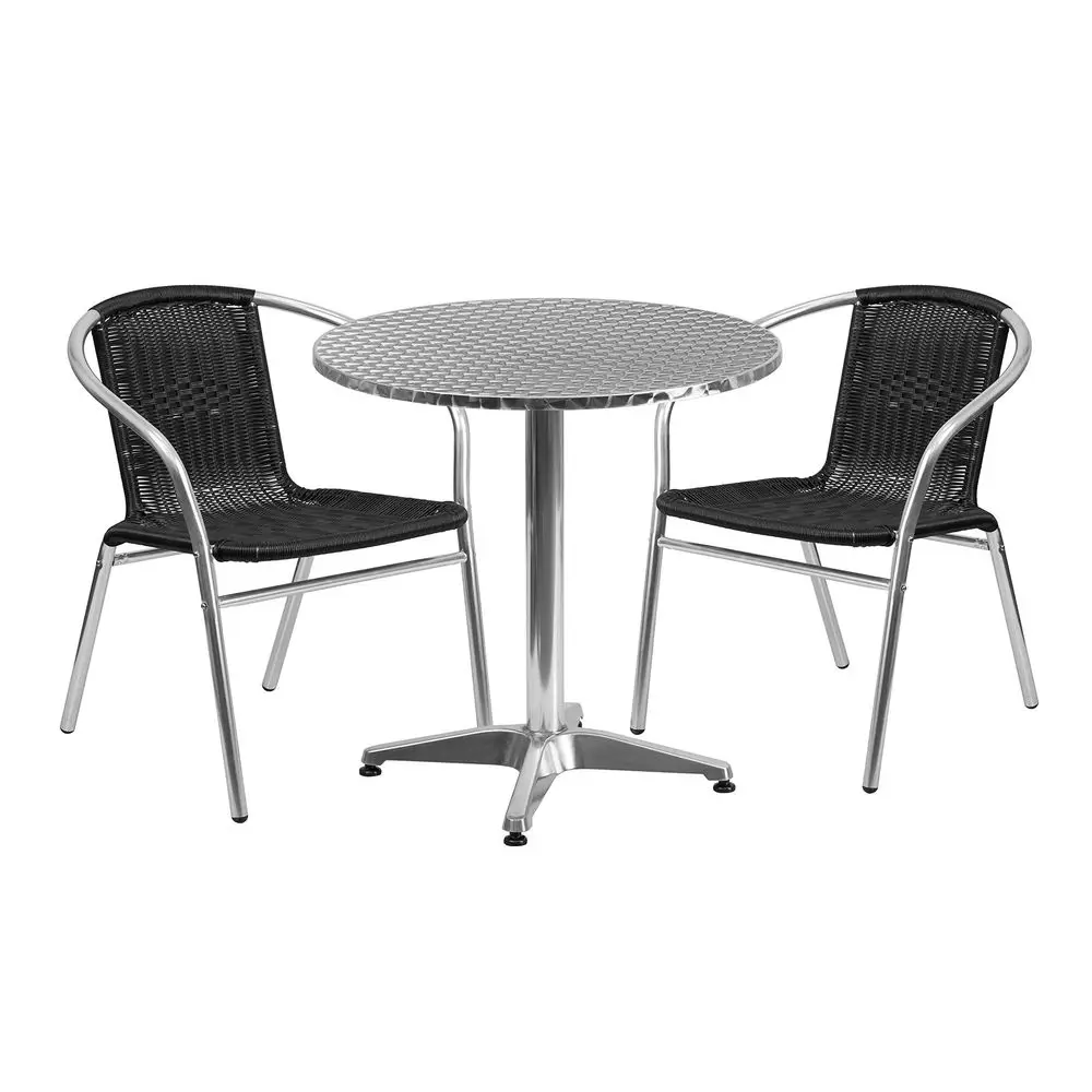 

27.5 Round Aluminum IndoorOutdoor Table Set with 2 Black Rattan Chairs