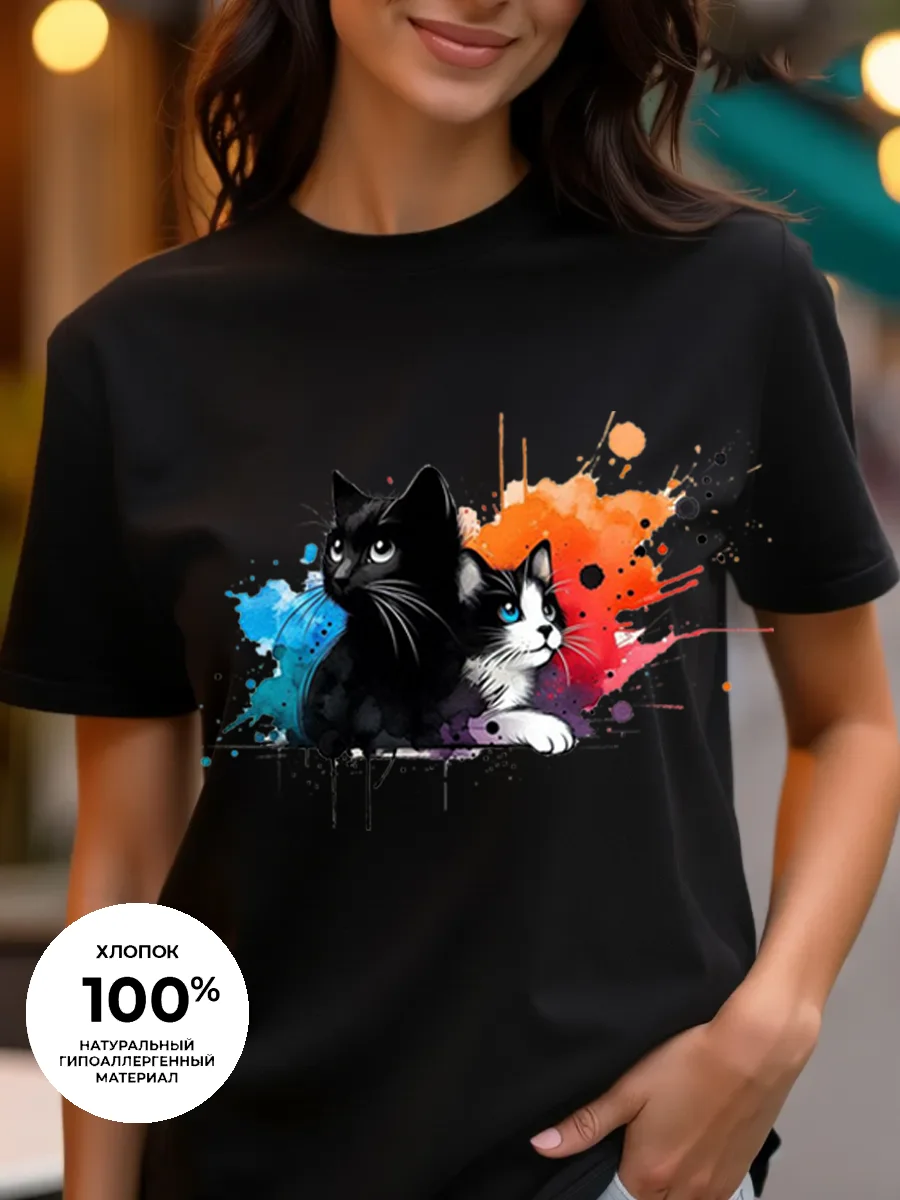 Impasto-style Cat Cartoon Print Women's Pure Cotton T-shirt, Round-neck Short-sleeved T-shirt, Pure Cotton T-shirt Top