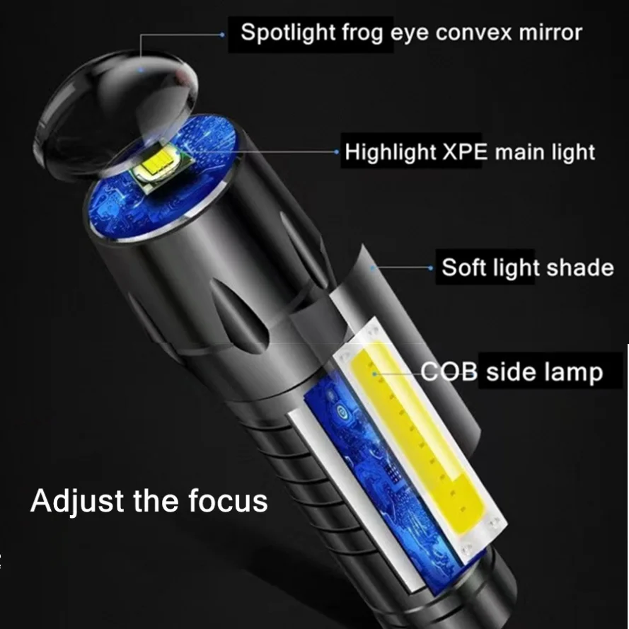 Rechargeable LED Flashlight Use XPE + COB lamp beads 100 meters lighting distance Used for adventure, camping, etc.