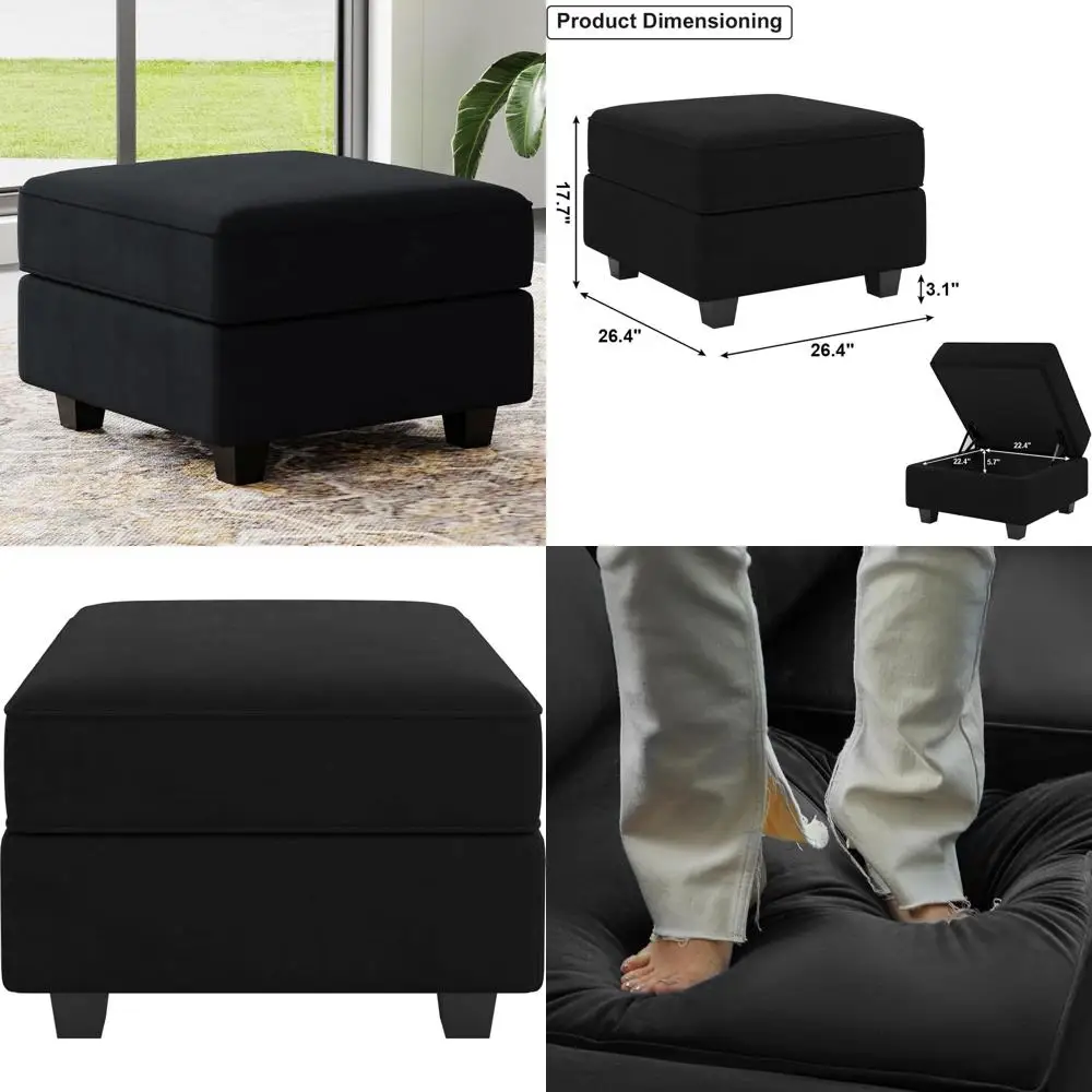 Black Velvet Square Storage Ottoman for Modular Sectional Sofa, Foot Stool with Velvet Seat