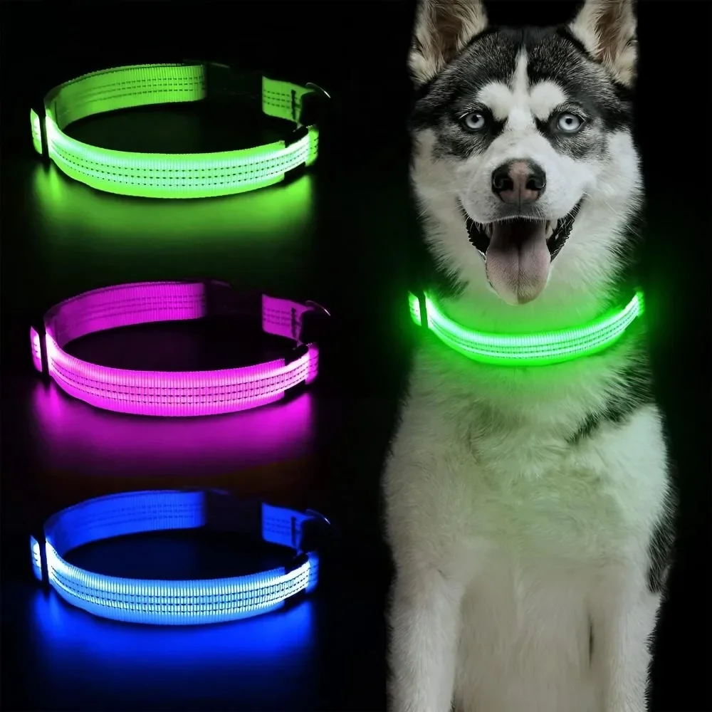 Collar LED reflectante para perros con luz para caminar de noche, suministros para acampar para mascotas, collares de nailon para perros pequeños, medianos y grandes