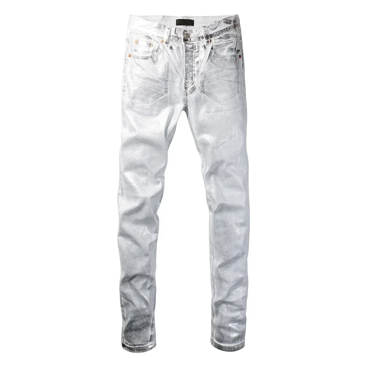 

Men's High Street Jeans Coated White Skinny American Distressed Streetwear Button Fly Coating Ripped Jeans white pant
