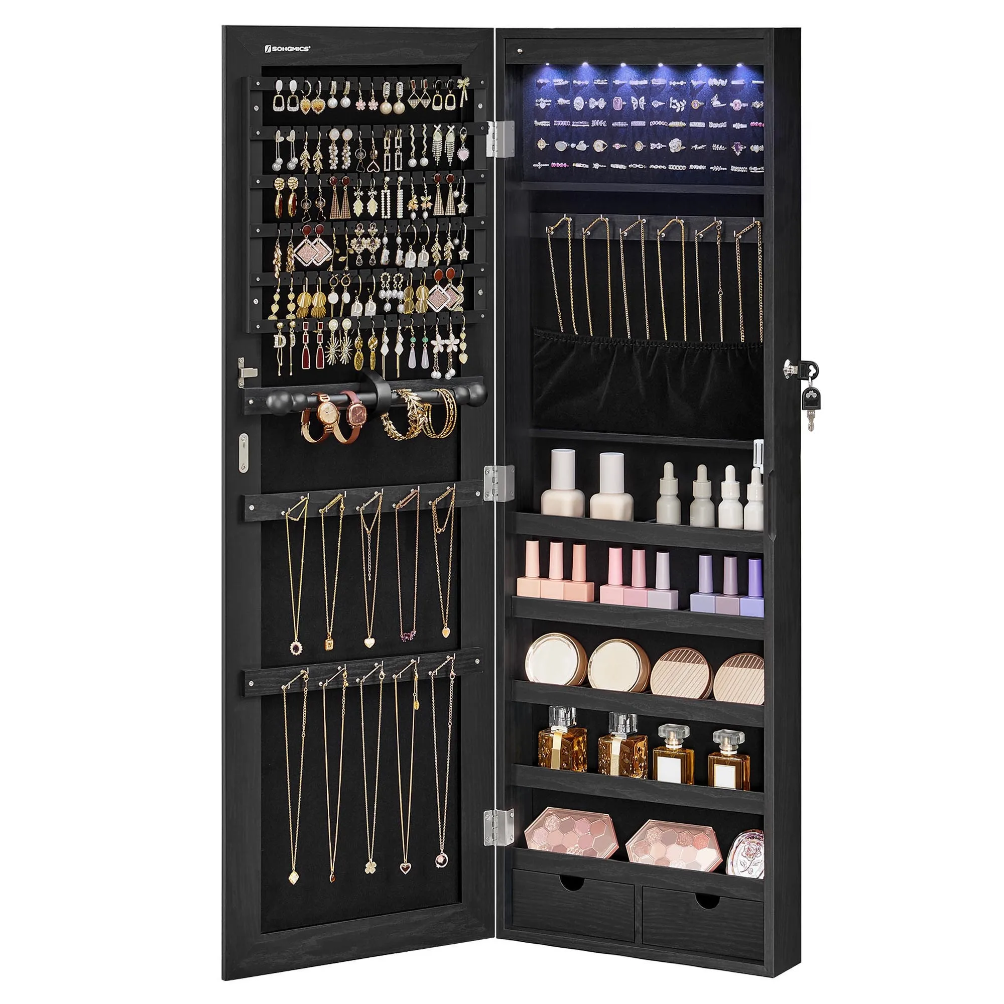 

SONGMICS Hanging Jewelry Cabinet, Wall-Mounted Cabinet with LED Interior Lights, Door-Mounted Jewelry Organizer