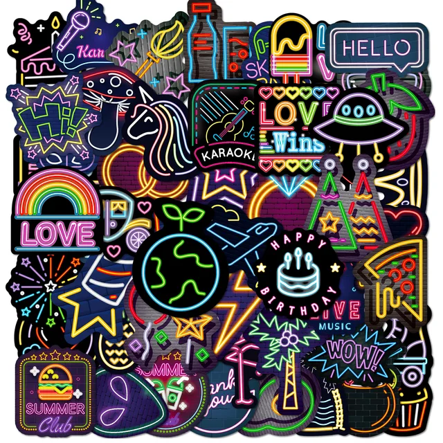 50 szt. Fajny lampa neonowa Cartoon naklejki Graffiti telefon gitara Laptop Notebook walizka kubek wodoodporna naklejka naklejki dla dzieci zabawki