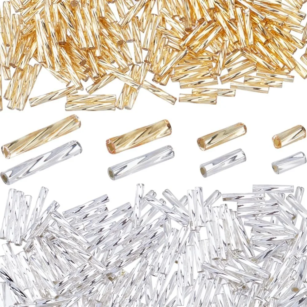 1760Pcs 8 Styles Twisted Bugle Beads 5/6/9/12mm Glass Metallic Bugle Bead Gold Silver Long Tube Seed Beads Loose making kit