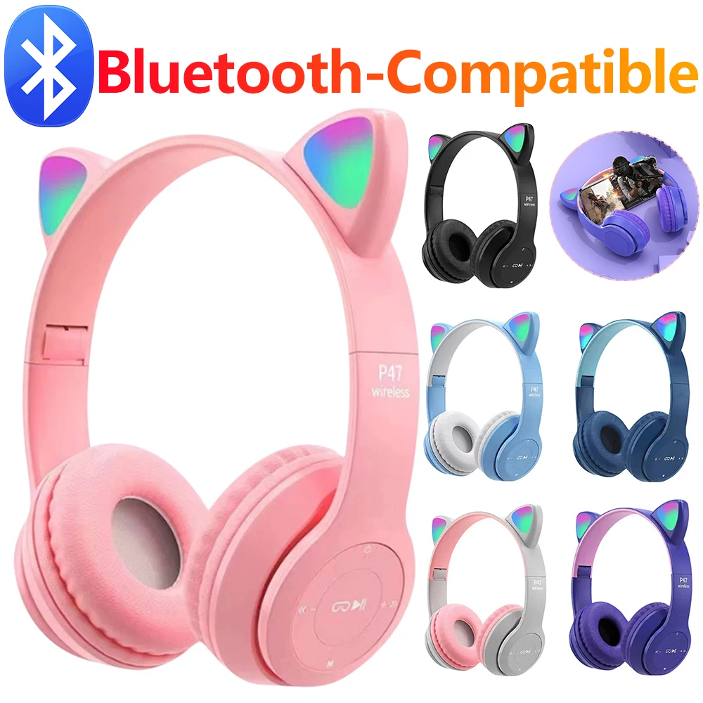 Flashing LED Cute Cat Ears Headphones Bluetooth Wireless Headset with Mic P47M Kid Girl Stereo Music Earbud Sports Headphones