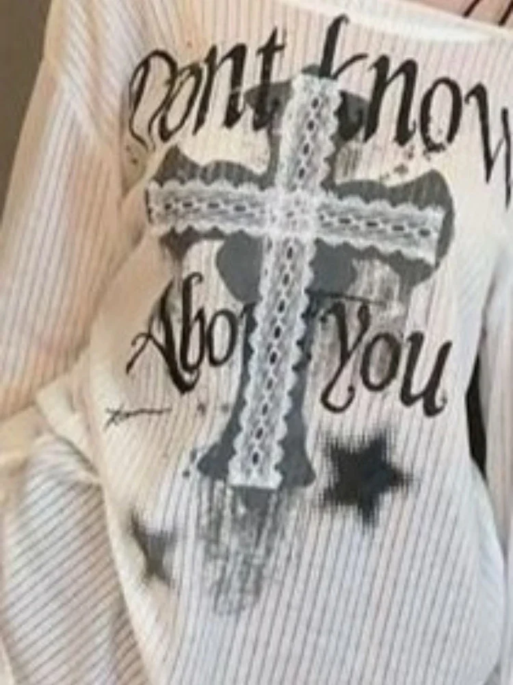 

Y2K See-Through Lace Print Tops, Women's Loose Irregular Tee for Harajuku Fairy Grunge Aesthetic