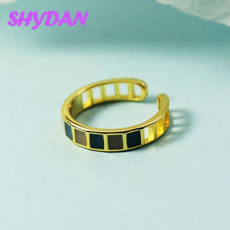 SHYDAN 925 Sterling Silver 18K Gold Drip Oil Grid Ring Open Adjustable Rings For Women Girls Fashion Jewelry