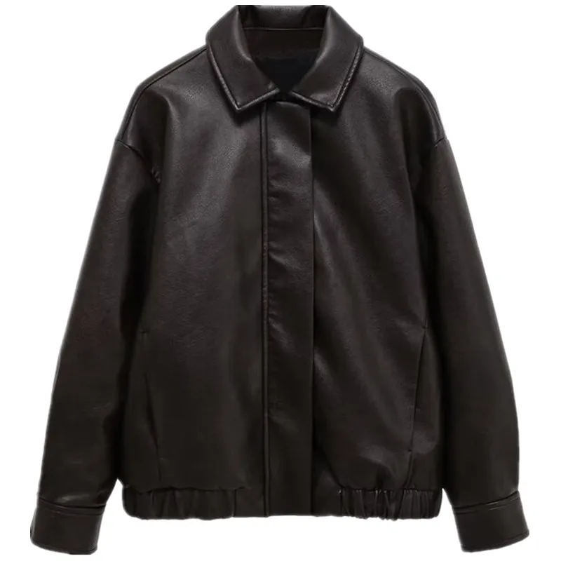 Fall 2025 Women's Leather Pilot Jaet Long Sve Turn-down Collar Outerwear Sli European Sle Ladies ort Coat
