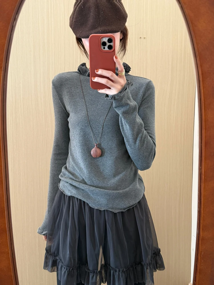 

Повседневный корейский топ-футболка с асимметричным кружевным дизайном и длинными рукавами для женщин, модная новинка зимы