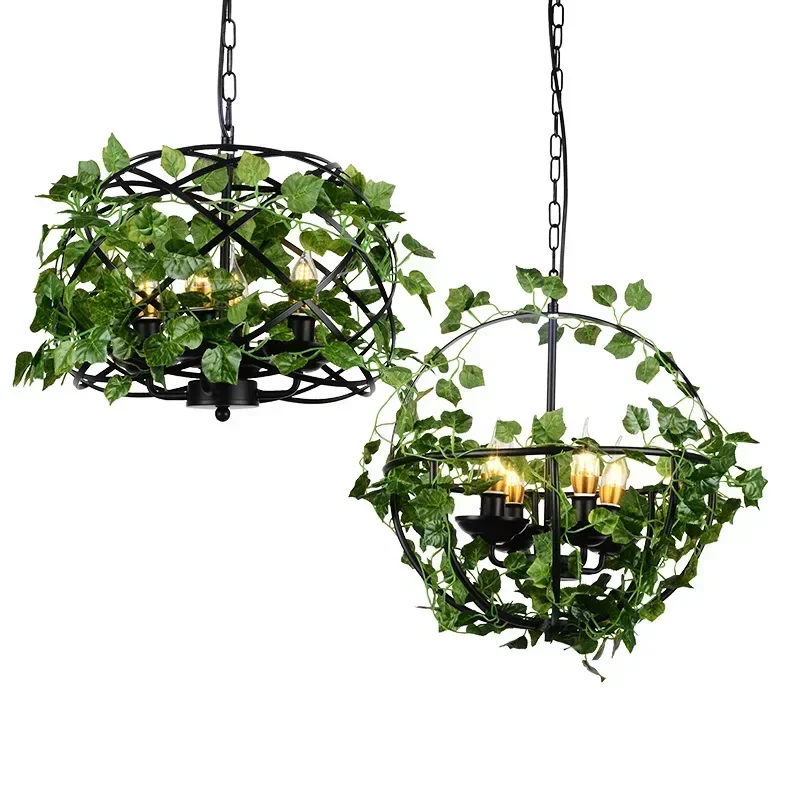 

Industrial Wind Wroung Iron Cage Pendant Light with Artifitial Plant Pot Edison Bulbs Chain Hanging Light for Bar Club