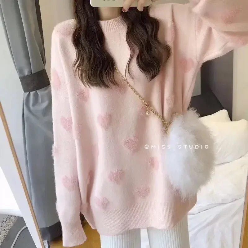 Sweet Sweater Love Heart Design Pullovers Korean Fashion Imitation Mink Velvet Soft Knitted Tops Female Winter Clothing Pink