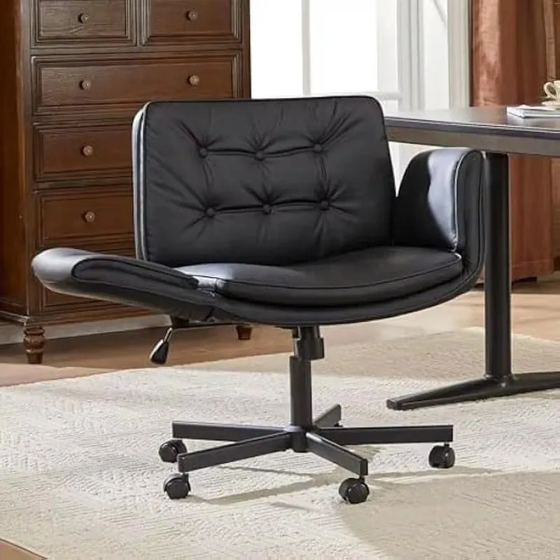 Swivel Leather Lift Chair with Crossed Armrests Wheels Comfortable Foldable Desk for Home Office