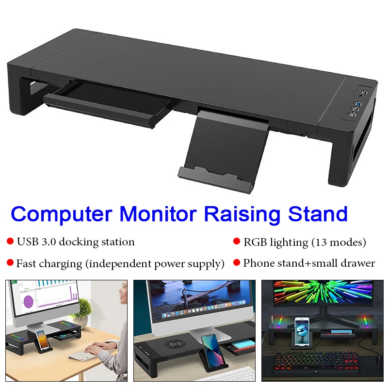 Multi-functional Foldable Desktop Organizer with USB 3.0 Drawer and Phone Holder Height Adjustable Computer Stand for Desktops