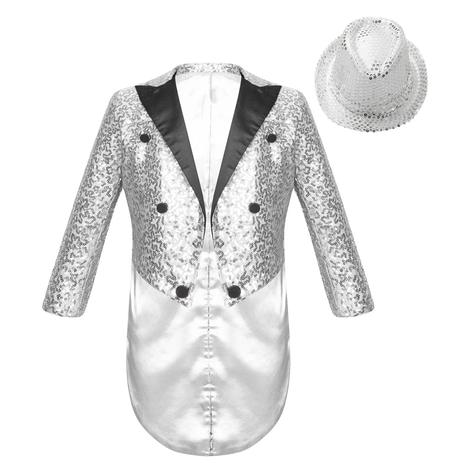 Kids Boys Sequins Blazer Tuxedo Coat Circus Magic Shows Cosplay Performance Costume Wedding Birthday Party Jazz Dance Tailcoat