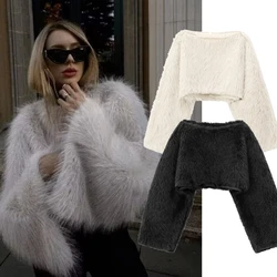 Jenny&Dave Minimalist Winter Pullover Top Fashion Blogger Faux Fur Round Neck Short Sweatetshirt Pulsh Hoodies Women