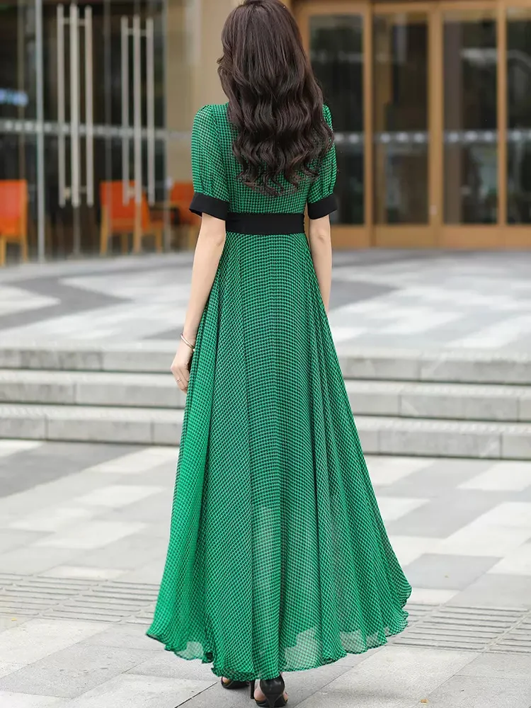 New Women Summer Green Plaid Chiffon Dress Fashion Contrast Color Turn-down Collar Short Sleeve Shirt Dress Elegant Long Dress