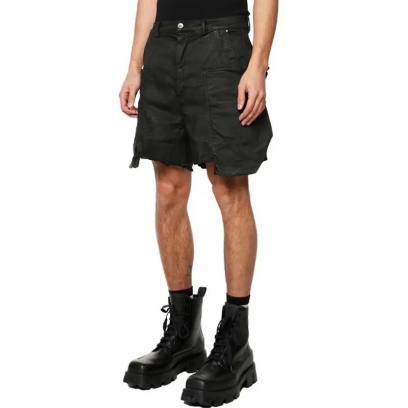 HKSH Men Wax Coated Frayed Edge Dark Safari Style Half Length Pants Women Cat Whiskers Denim Shorts Chic Ins Punk Capris HK14442