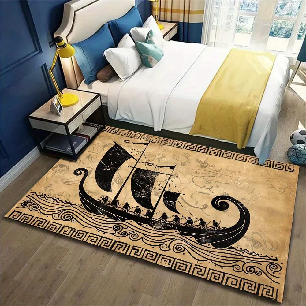 Greek Vase Ship Rug Flannel Soft Kids Carpet Ancient Ocean Print Bedroom Kitchen Floor Mat Anti Slip