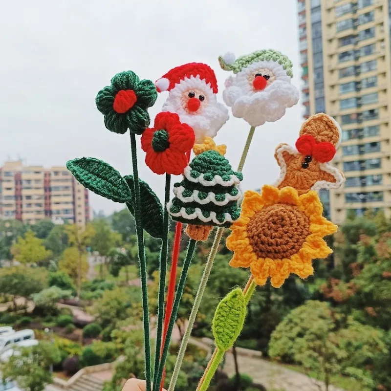 Christmas Creative Woolen Handmade Crocheted Flowers Single Bouquet Finished Holiday Gifts School Decorations  House Decoration