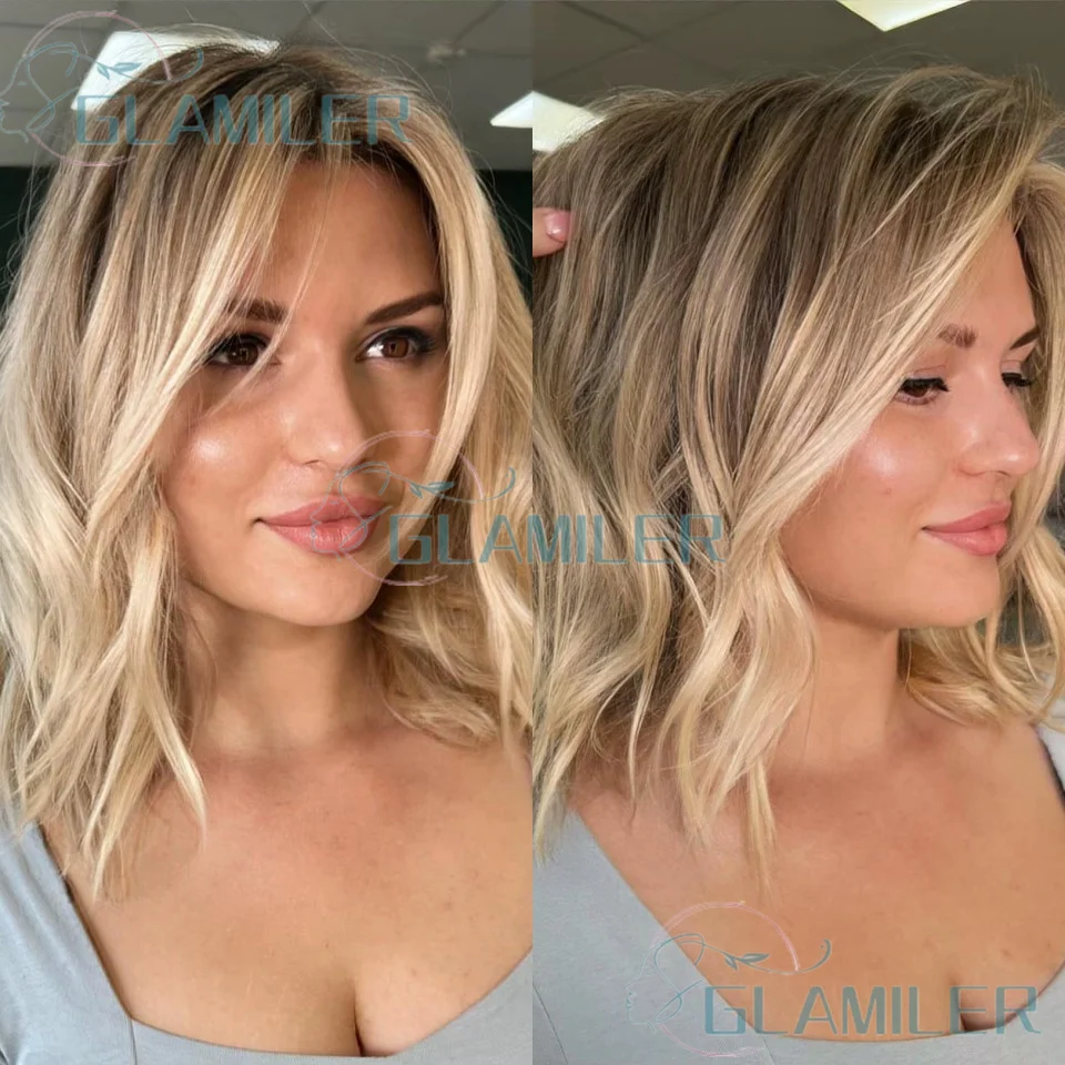 شعر بشري قصير مموج يسلط الضوء على شعر مستعار بوب أشقر Balayage # 613 شعر مستعار بدانتيل أمامي مقاس 13 × 4 مع شعر مستعار دانتيل كامل بجذور بني داكن
