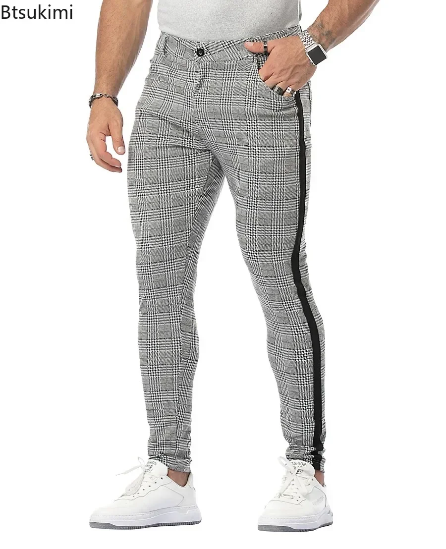 Brand New Men\'s Classic Plaid Casual Trousers Fashion Patcwork Design Slim Pencil Pants Trend Versatile Men Clothing Long Pants