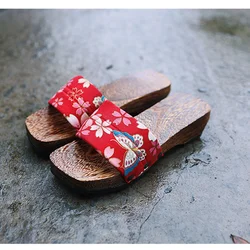 Women's Summer Wooden Slipper Japan Style Geta Mid Heel Leisure Sandals An-Slip Beach Slippers Daily Wear Slides Cosplay Shoes