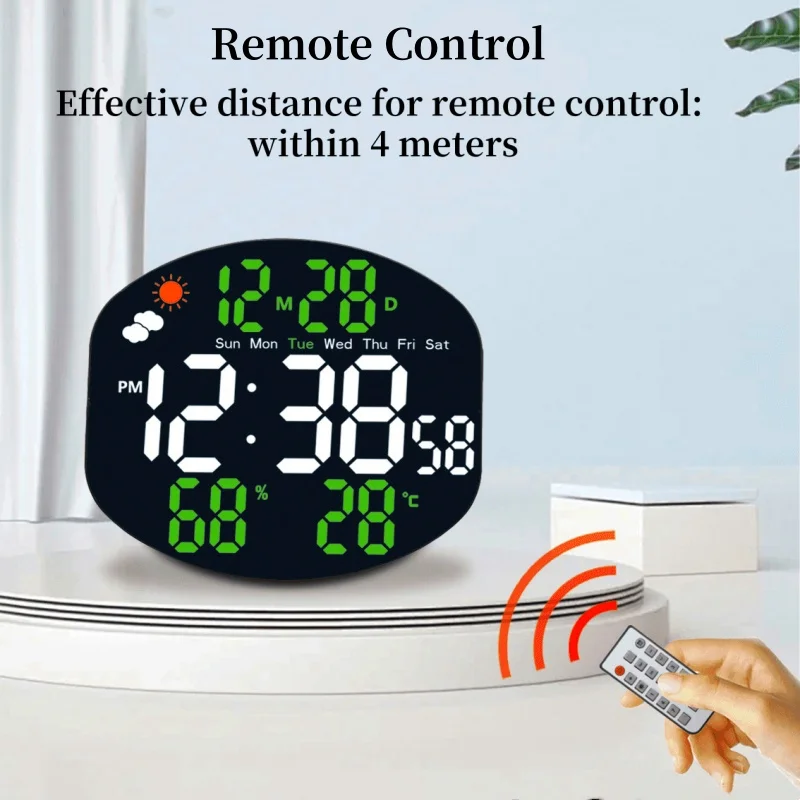 Wetterstation Große Digitale Wanduhr TEMP Luftfeuchtigkeit Datum Woche Nachtmodus Tischuhr 2 Alarme 12/24H USB LED Wecker – Detail 8