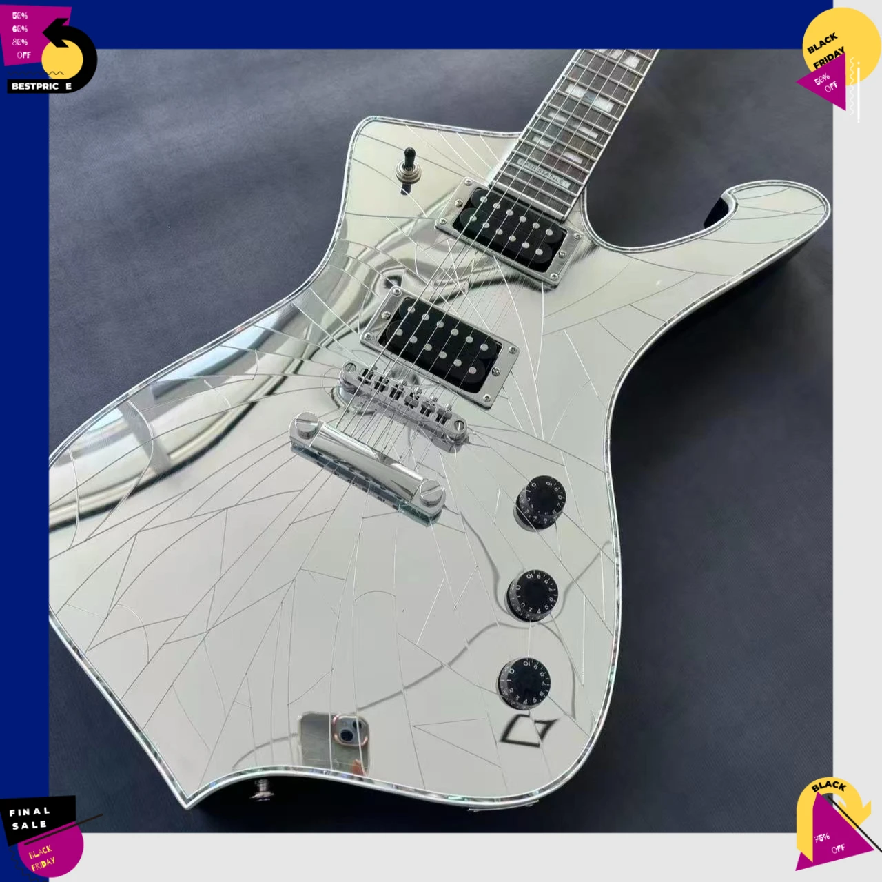 Electric Guitar Silver Broken Mirror Irregular Pointed Corner Special-shaped HH  Pickup Fixed Bridge Square Inlay