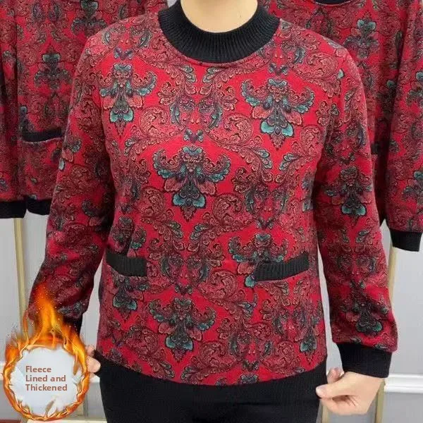 Thickened Fleece Women's Floral Print Loose Fit Thermal Top plus Size Belly Cover Winter Warm Base Layer Shirt Mom's Clothes