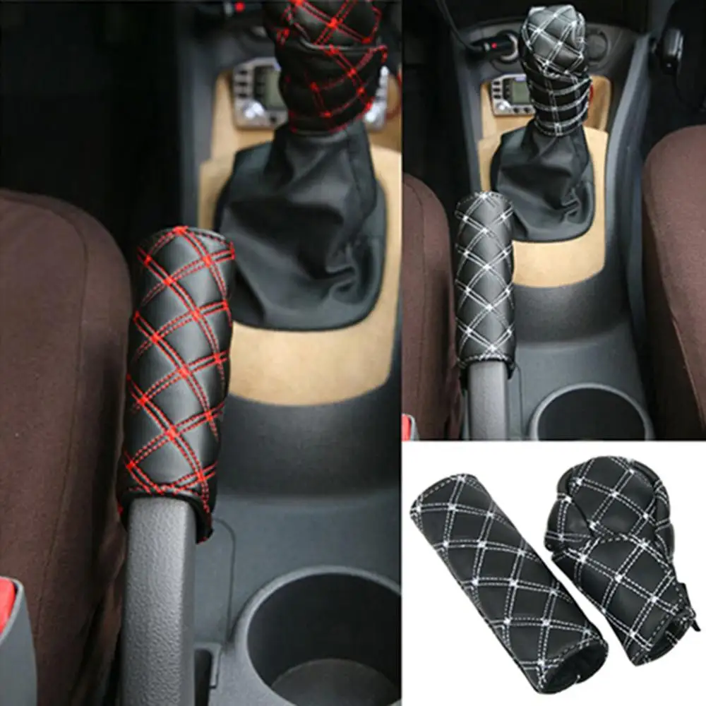 Car Faux Leather Gear Shift Knob Cover Hand Brake Cover Sleeve 2 in 1 Set