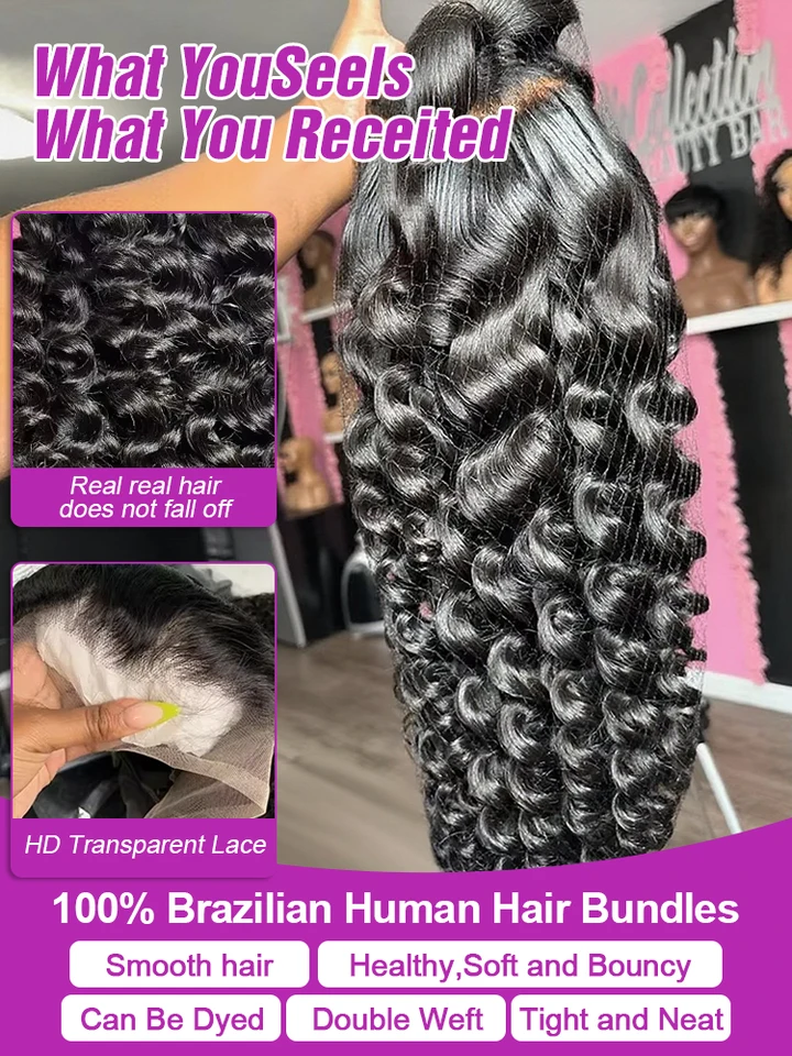 Peluca de cabello humano 100% brasileño Remy, con encaje frontal 13x6 HD de 30 a 40 pulgadas, rizo suelto, onda profunda, 360 frontal de encaje 13x4 3