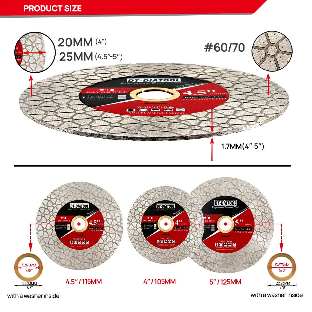 DT-DIATOOL-Diamond Cutting Disc, Grinding Saw Blades for Tile Ceramic Marble Stone, Diameter 115mm, 125mm, 1Pc
