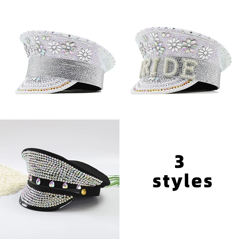 Lady Wedding Bride Sequin Shinny Rhinestone Military Hat PU Leather Captain Cap Party Carnival Flat Hat Performance Cap