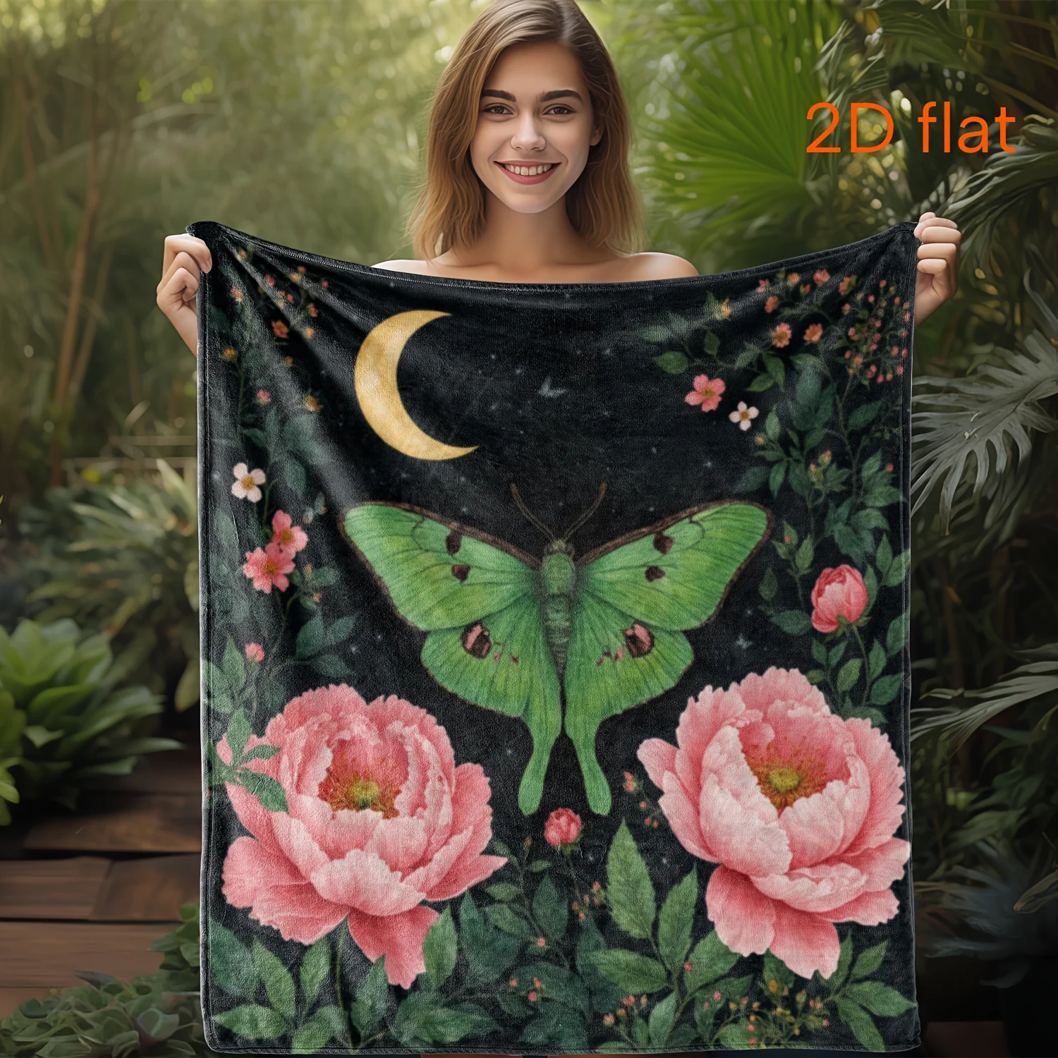 Black Night Background Green Luna Moth Pink Peony Crescent Moon Star Print Flannel Blanket Soft for Bedroom Bohemian Home Warm