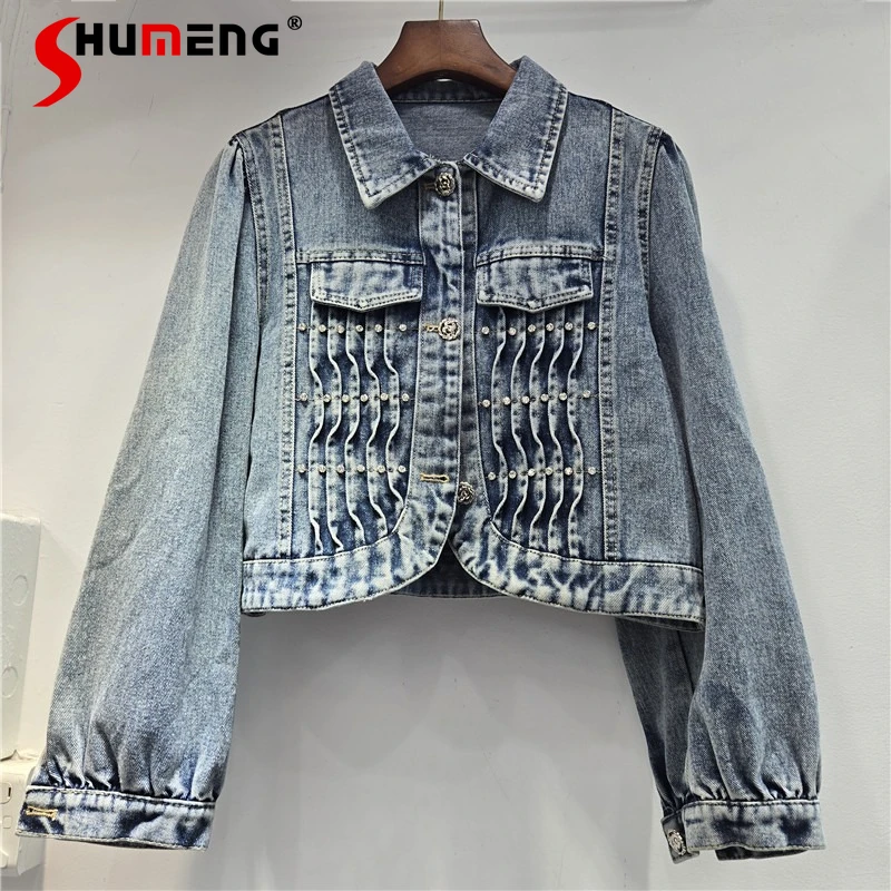 

Women's 2026 Spring Autumn New Fashion Long-Sleeve Beaded Denim Coats Lapel Stylish Denim Single-Breasted Multi-Button Jackets