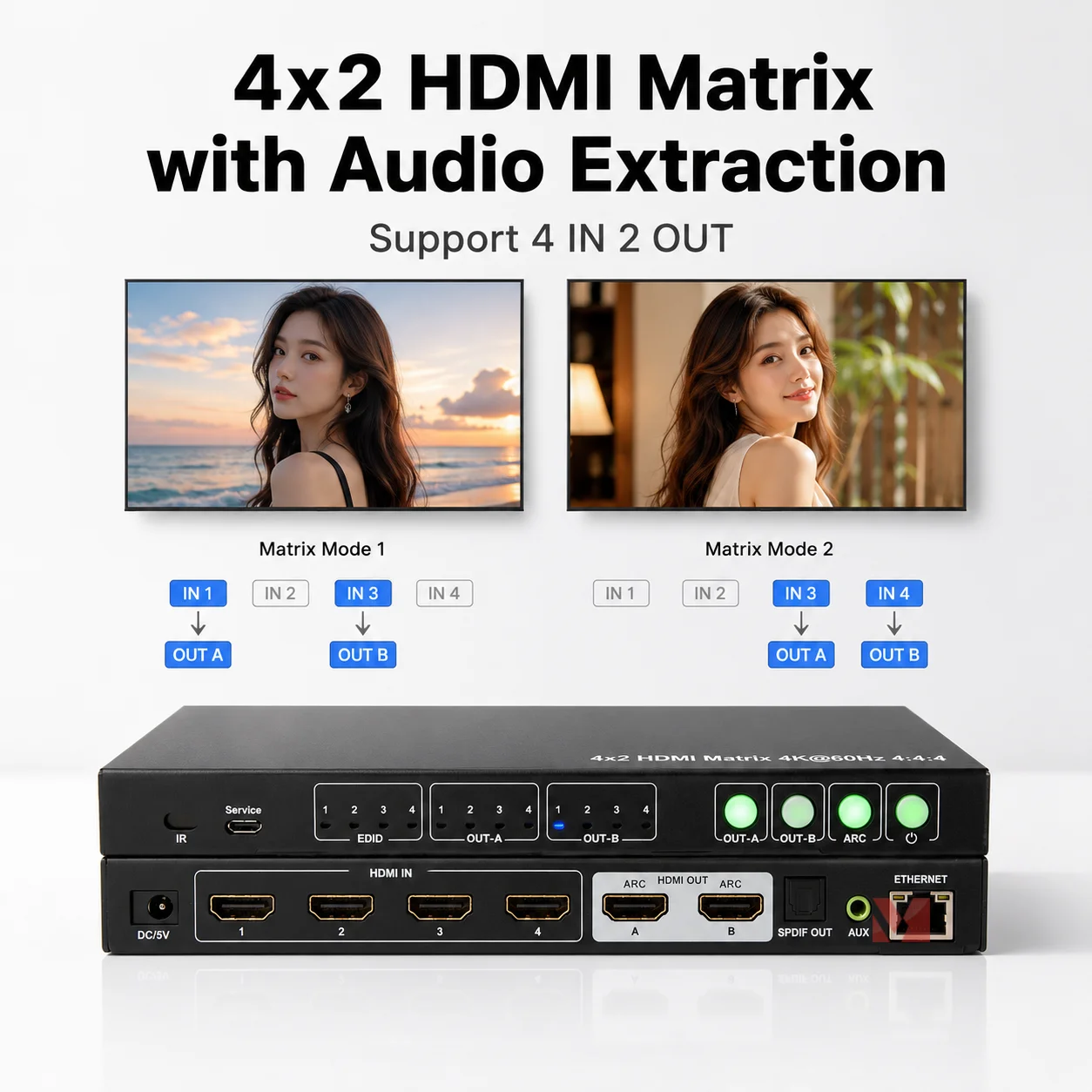 4x2 HDMI Matrix Switcher 4K 60Hz with Audio Extract YUV4:4:4 18Gbps HDCP2.2 ARC Support for Electronics Video Switchers