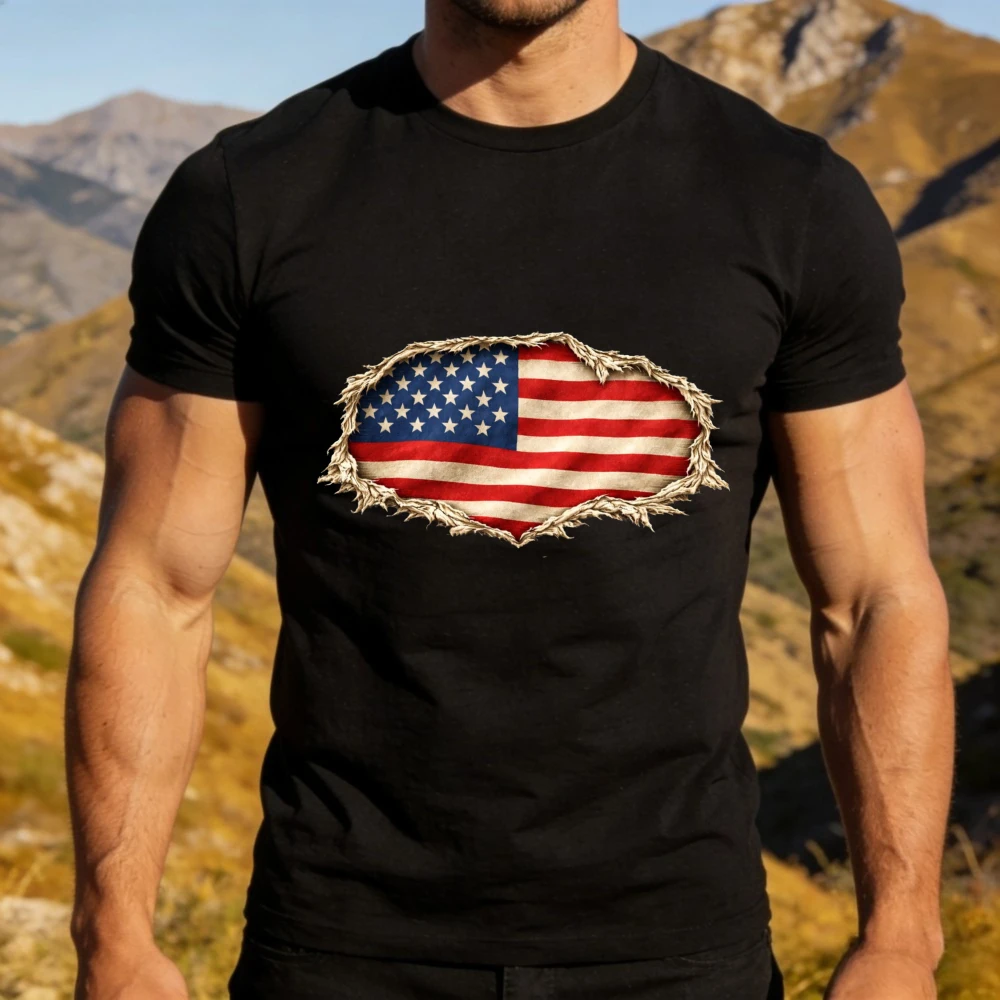 

Distressed Barbed Wire USA Flag Graphic TShirt Men Summer Cotton Short Sleeve American Patriot Casual Tee Independence Day Gift