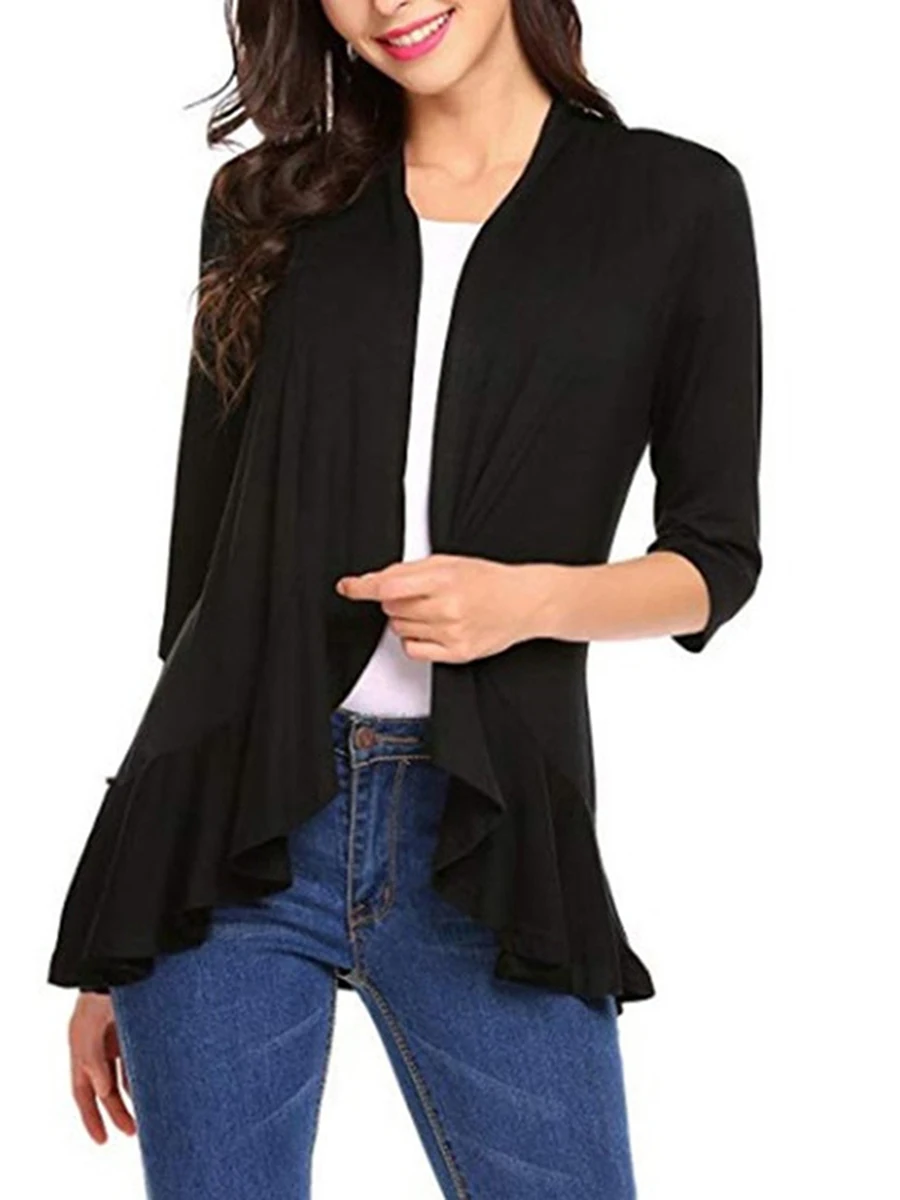 Women Spring Autumn Cardigan Tops 3 4 Sleeve Casual Solid Color Ruffled Hem Thin Tops Coat