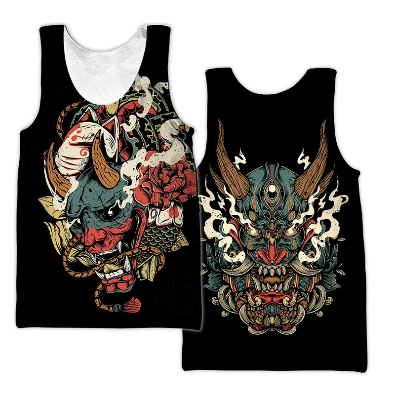 Japanese Samurai Oni Mask Sleeveless T-shirt Men Women Harajuku Street Tank Top Summer Fashion Samurai Fans Trend Retro Vest