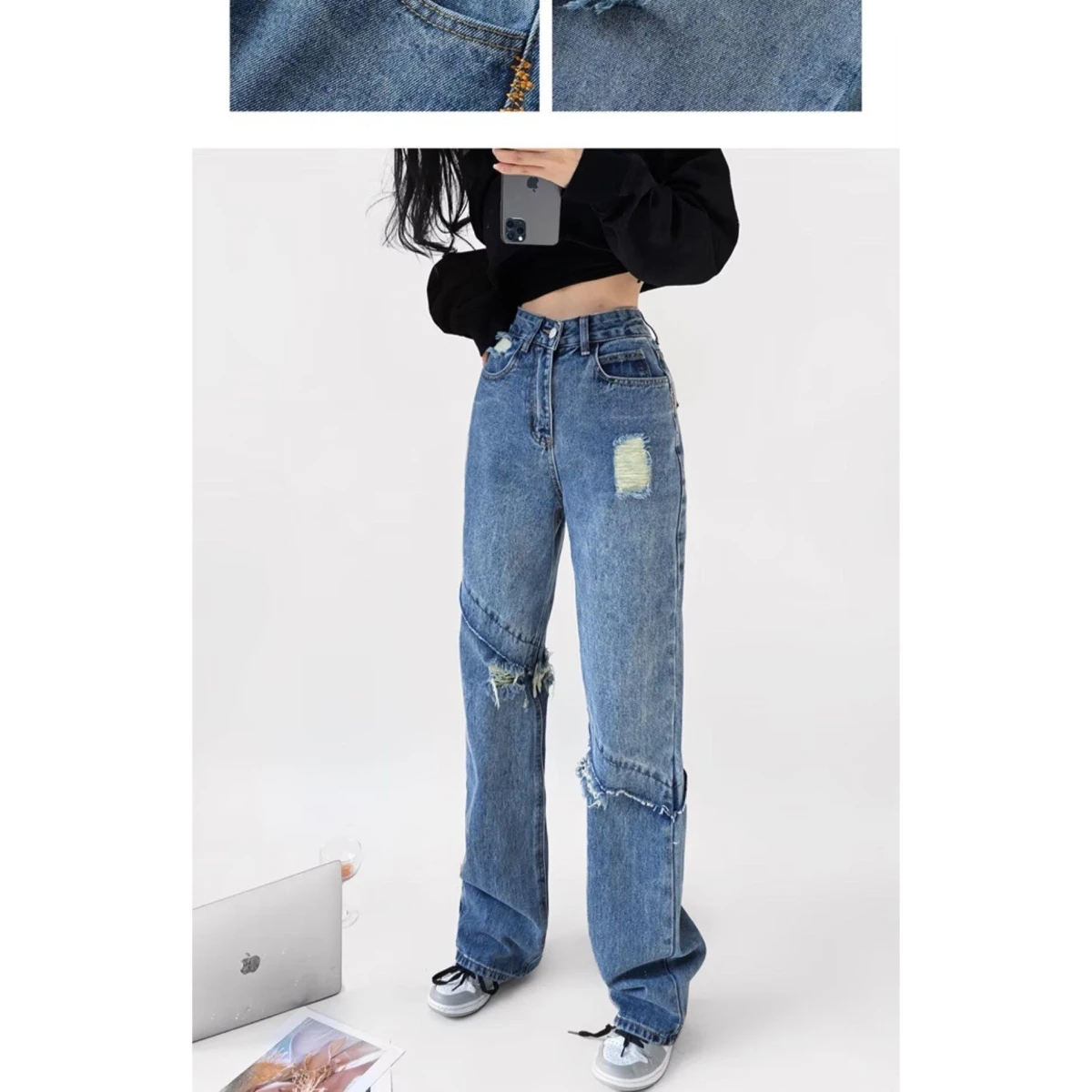 

ex High Street Nordic EYYS Titan Vintage Waed Straight Leg Workwear Jeans High Waist Wide Leg Pants Pure Color Casual J...