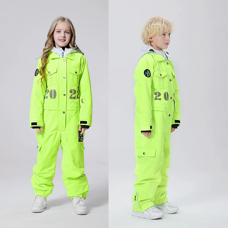 

Children One-Piece Ski Suit Girls Boy Snowboarding Suit Thickened Warm Kids Ski Set Hooded Winter Clothing Wind Proof Waterproof