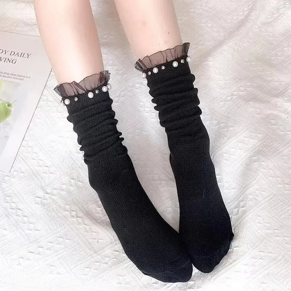 1 Pair Women's Mid Length Socks Pearl Decoration Fashion Pleated Pile Up Socks Lace Lace Lolita Jk Versatile Girls' Cotton Socks