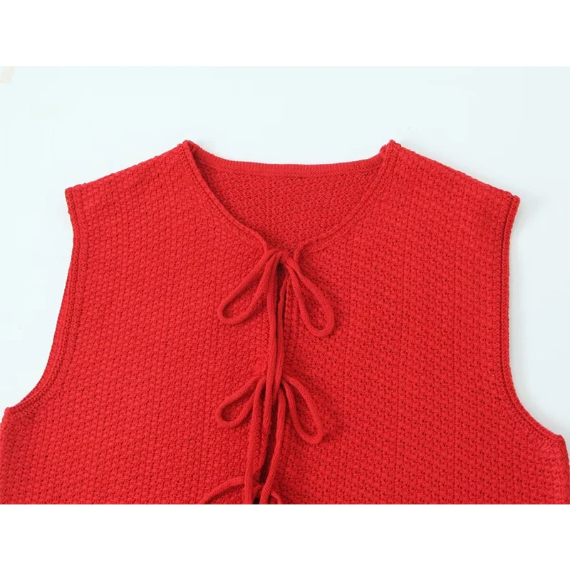 TRAF Bow Tied Vests For Women V Neck Short Knitted Sleeveless Vest Jacket Woman Waistcoat Streetwear New Women Outerwear