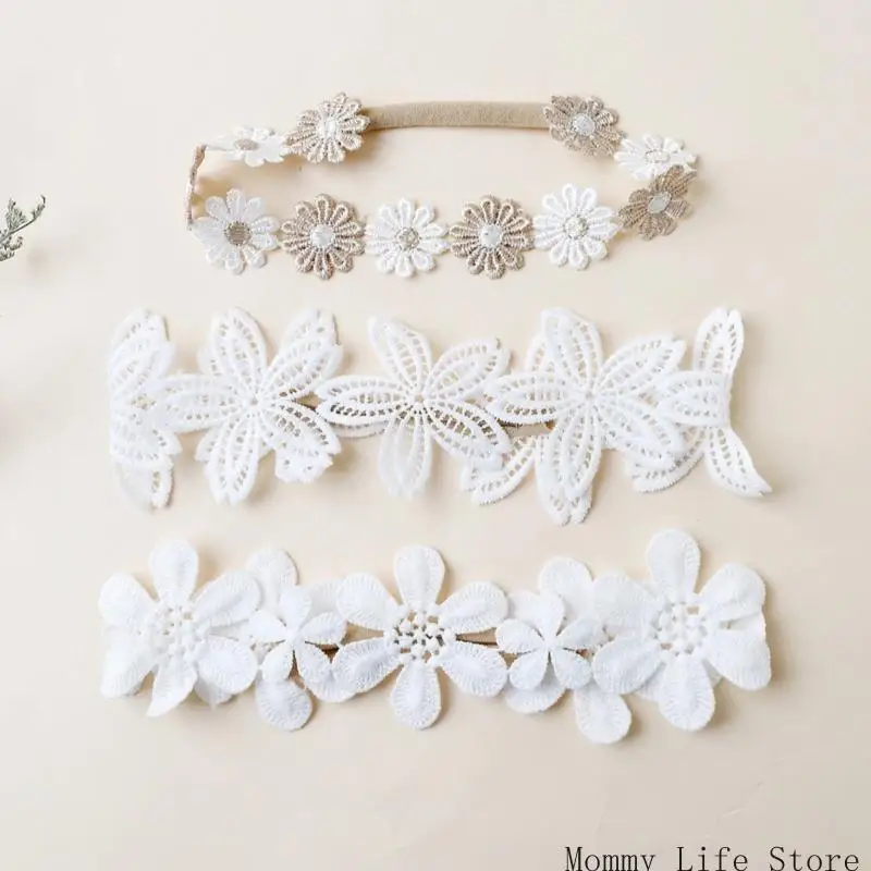 

3PCS Baby Girl Headbands, Stretchy Lace Hair Accessories with Floral Embroidery for Newborns & Toddlers, Comfortable Wear