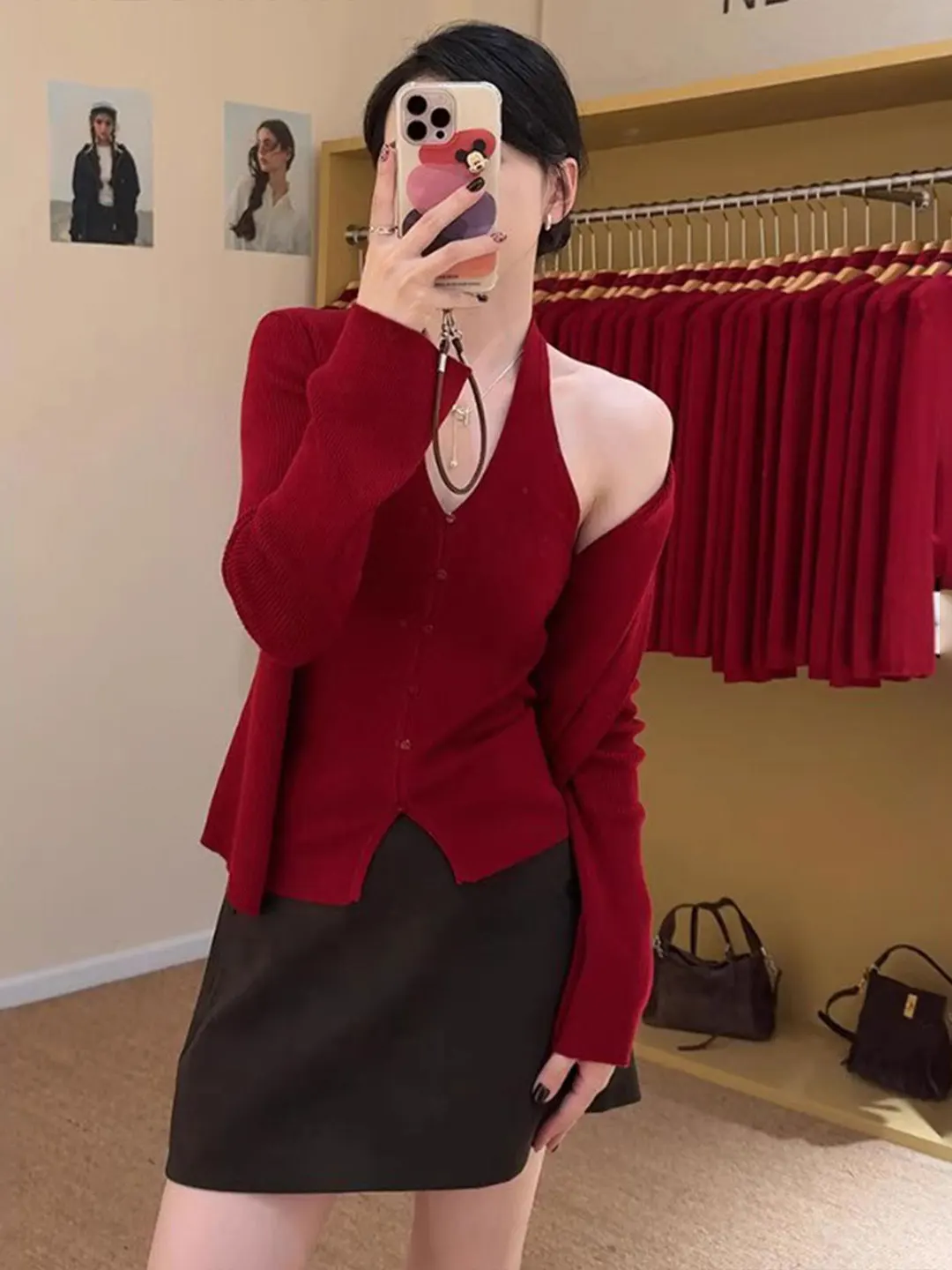 

Red Knitted Sweater Women's Fashionable Inner Wear Tank Cardigan Spring Autumn Winter Seasonal Two-Piece Set Top Quality Kore...