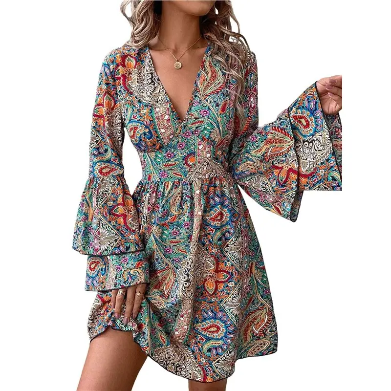 ABRT-Women Print Wrap Boho V Neck Short Flared Sleeve Elastic Waist Drawstring Flowy Mini Dress