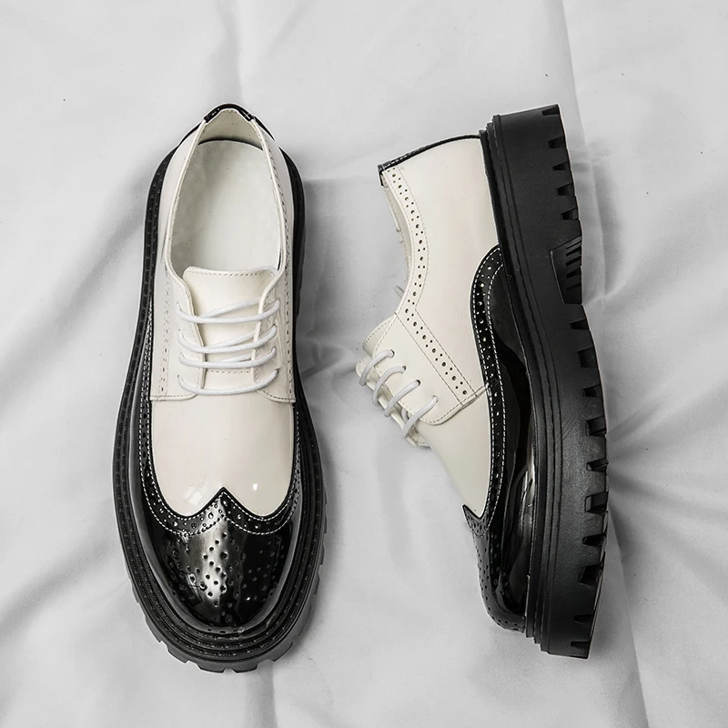 FUQIAO New White Black Brogue Shoes Men Classic Platform Casual Shoes Men PU Leather Footwear Low-Ankle Men Designer Shoes